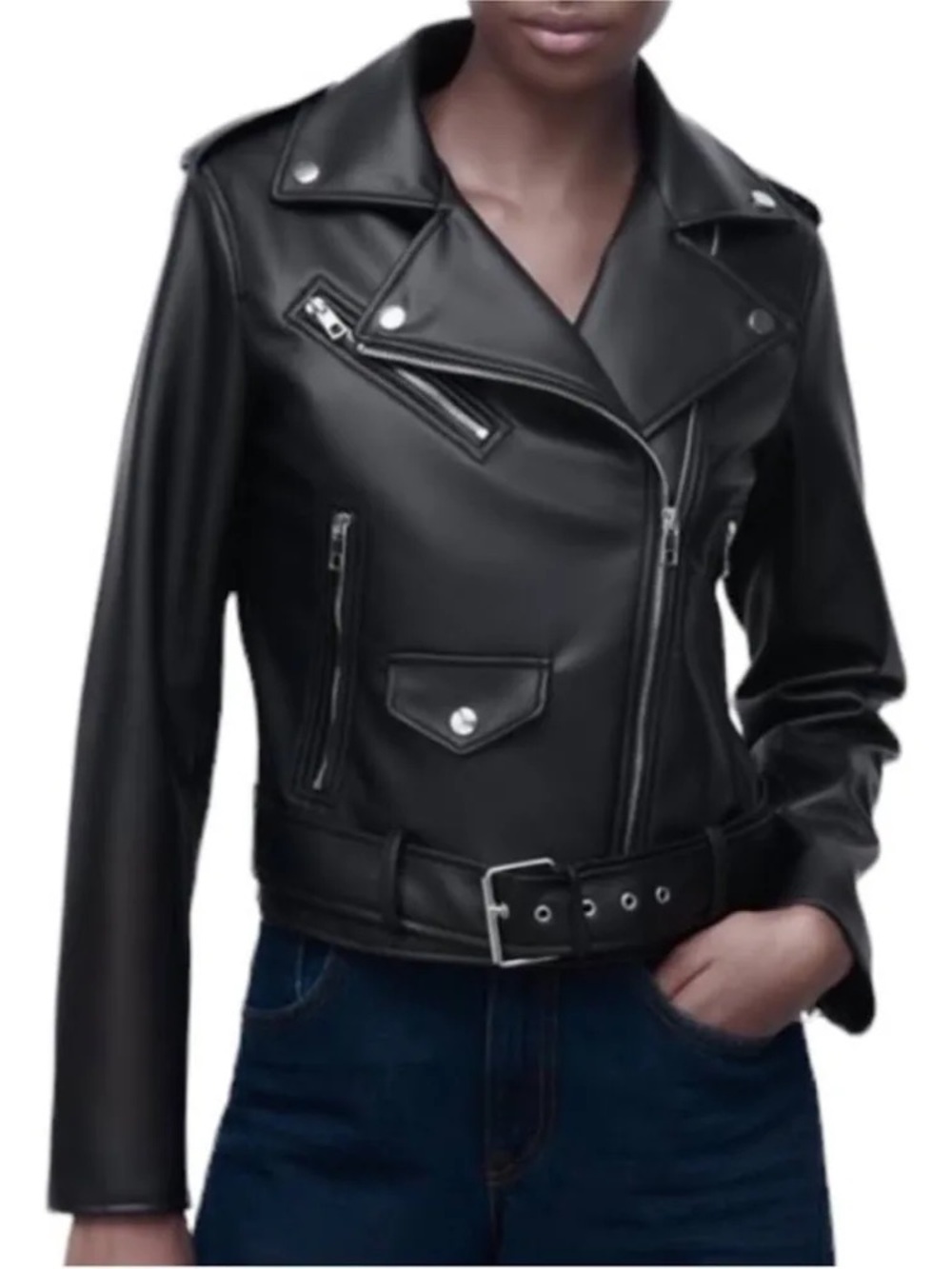Zara Black Faux Leather Moto Jacket with Belt